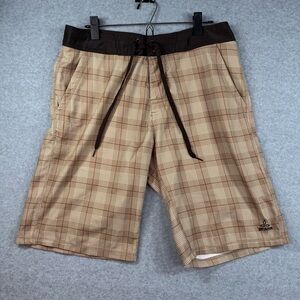 Prana Men's Tan Plaid Board Shorts Size 34 Unlined‎ with Mesh Pockets Drawstring